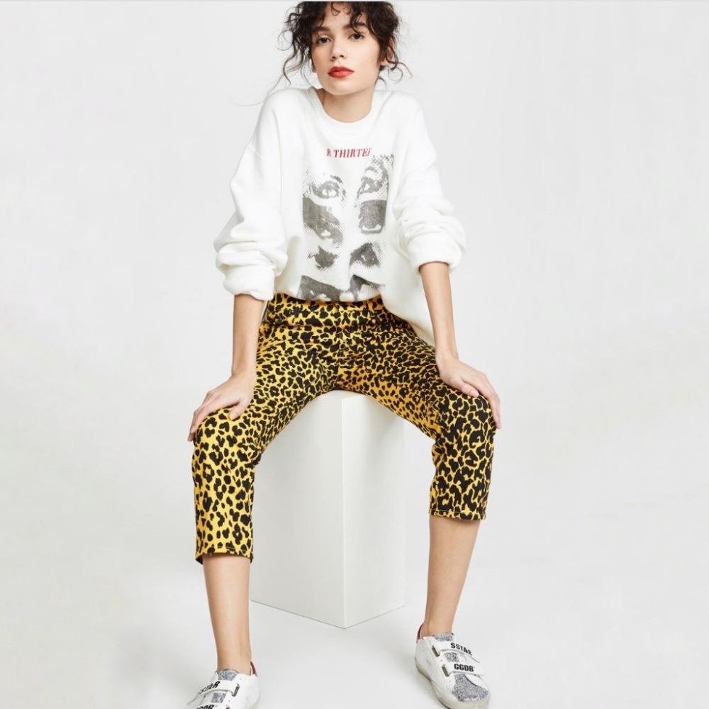 R13 Joey Yellow Leopard Print Cropped Slim Jeans